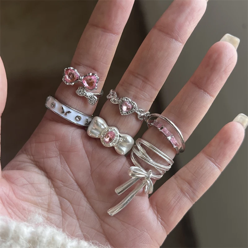 Tie Clip Silver - 7Pcs Set Cincin Tumpuk Motif Hati